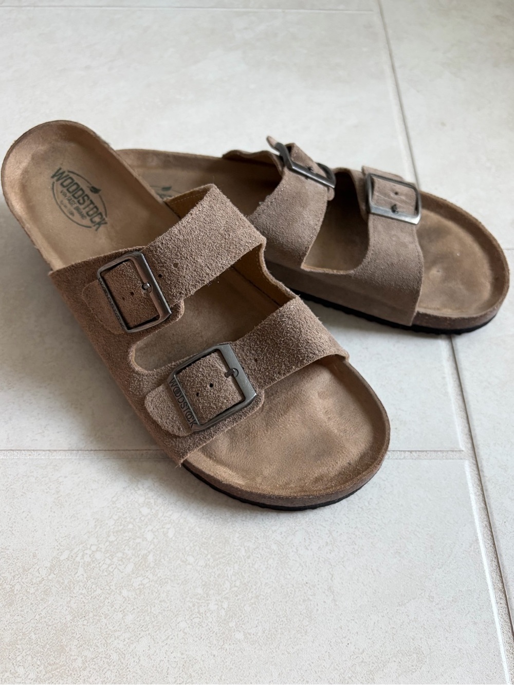 Men’s Woodstock Bert Suede Double-Buckle Cork Slide Sandals in Taupe